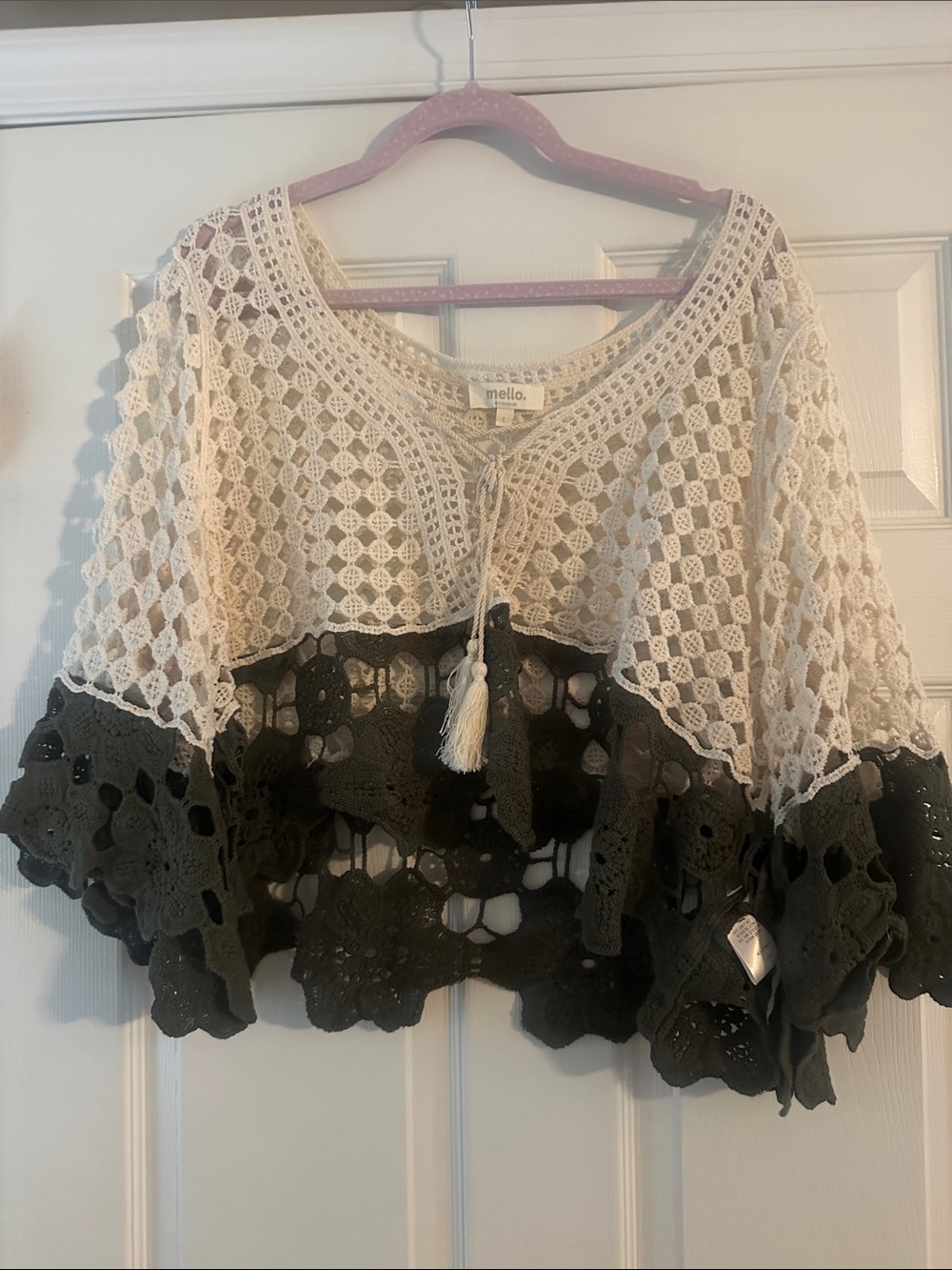 Mello Two-Tone Crochet Tie-Front top - Cream & Olive